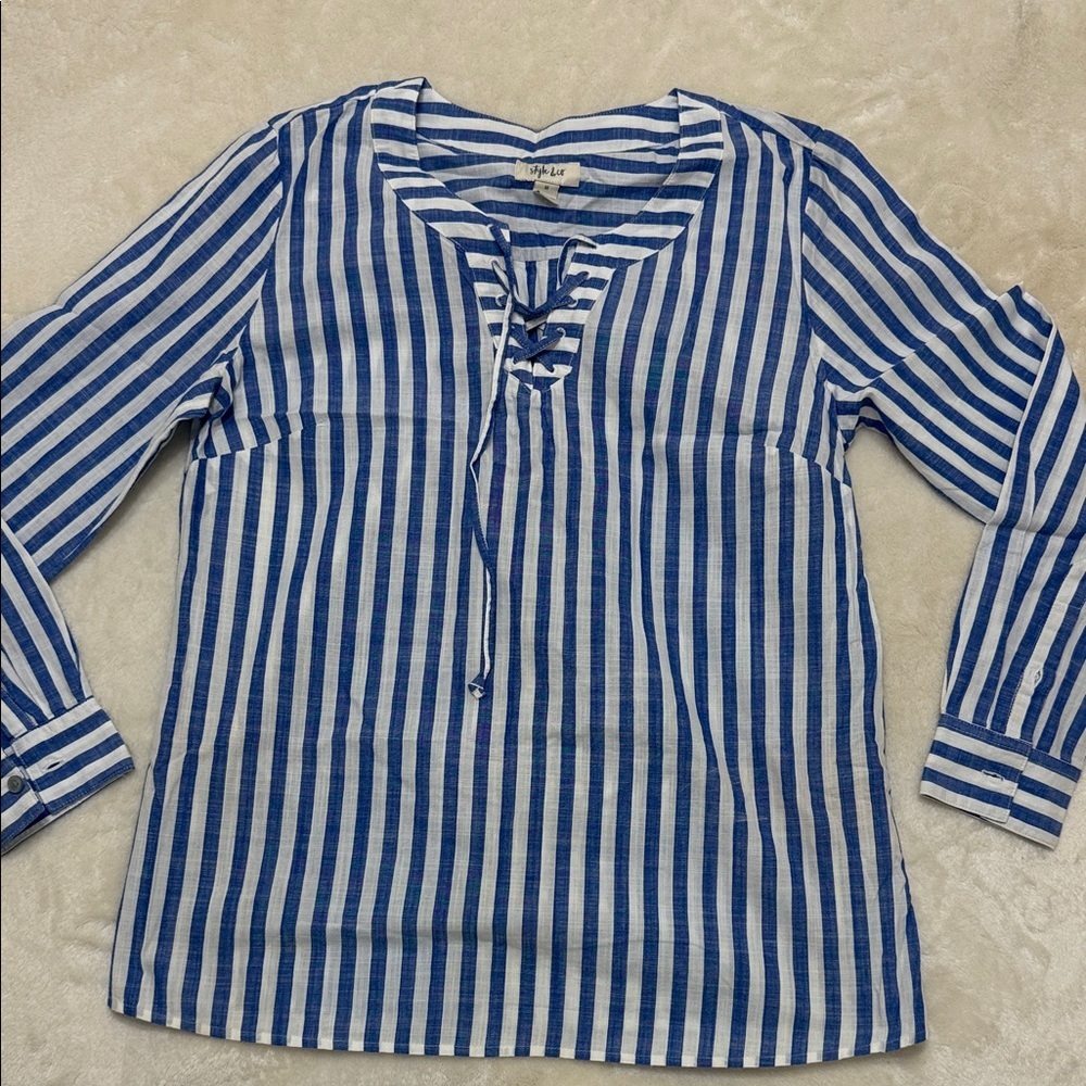 Style & Co Blue and White Striped Blouse M